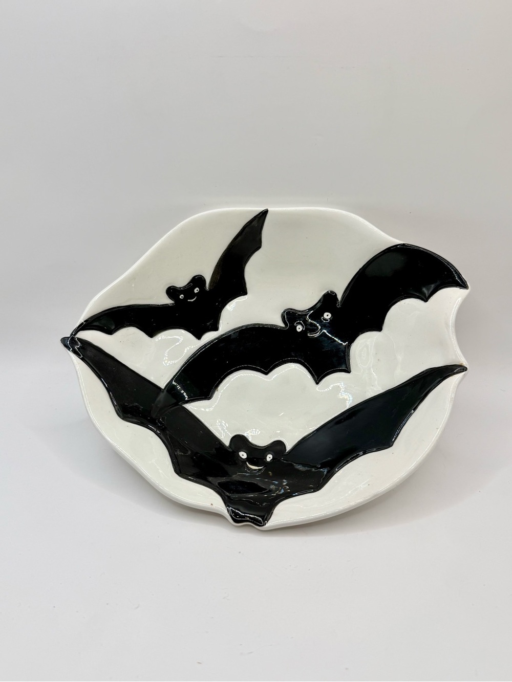 Halloween Ceramic Bat Serving Bowl Black & White 8” Spooky Candy Dish